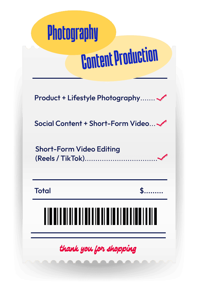 Receipt-style graphic highlighting photo and content services including product and lifestyle photography, social media content, short-form video, and video editing.