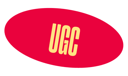 Red oval sticker with bold yellow text 